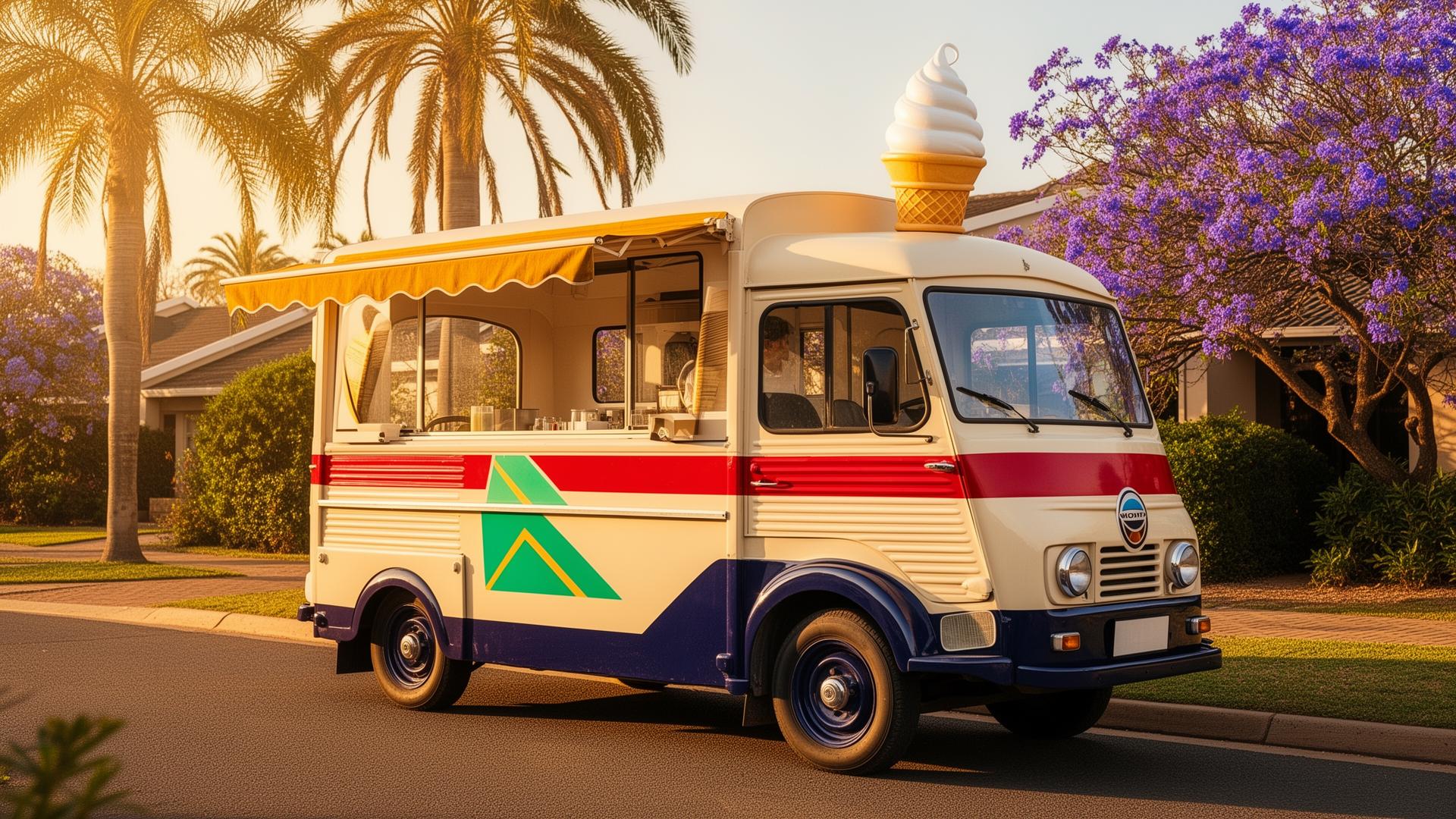 A vintage red and cream ice cream truck parked on a sunny street